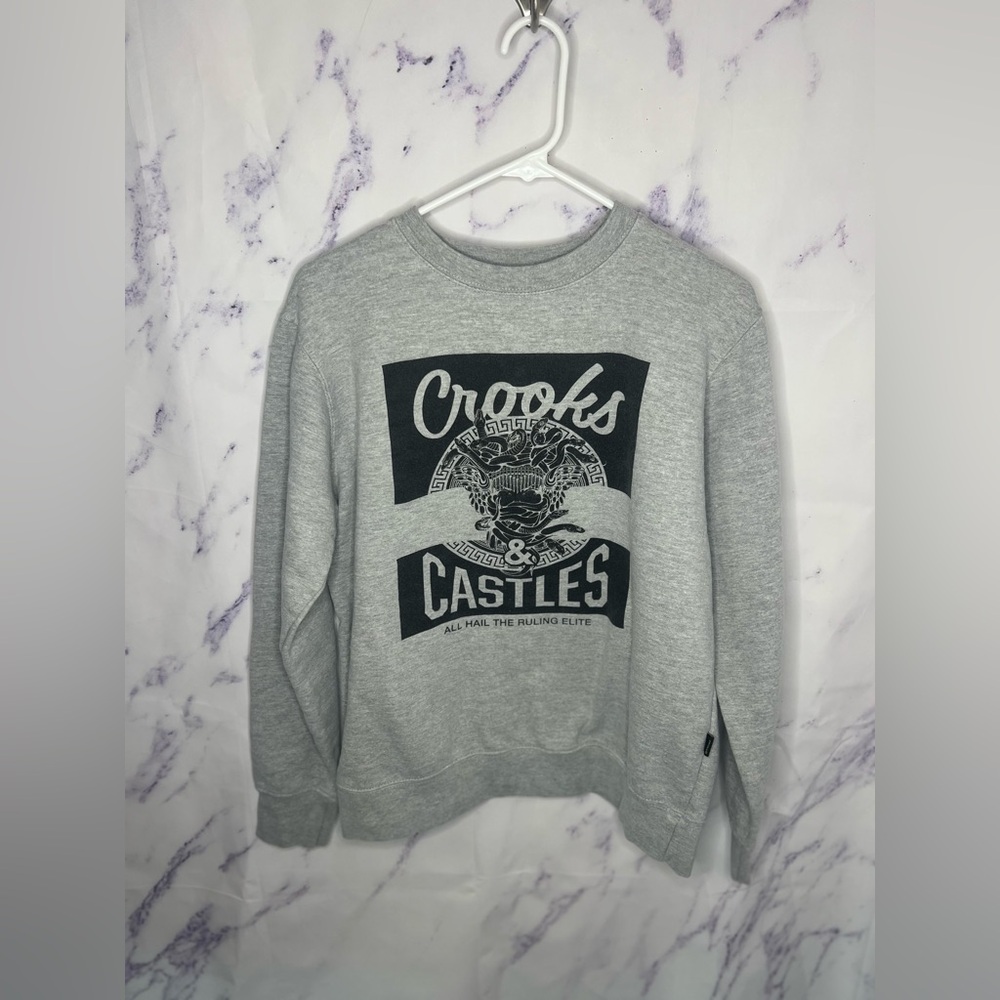 Crooks & Castles Gray&Black Men's Graphic Crewneck Pullover Sweater Sz M